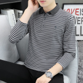 长袖 男青年休闲秋装 T恤春秋季 纯棉Polo衫 上衣服 新款 翻领条纹男士