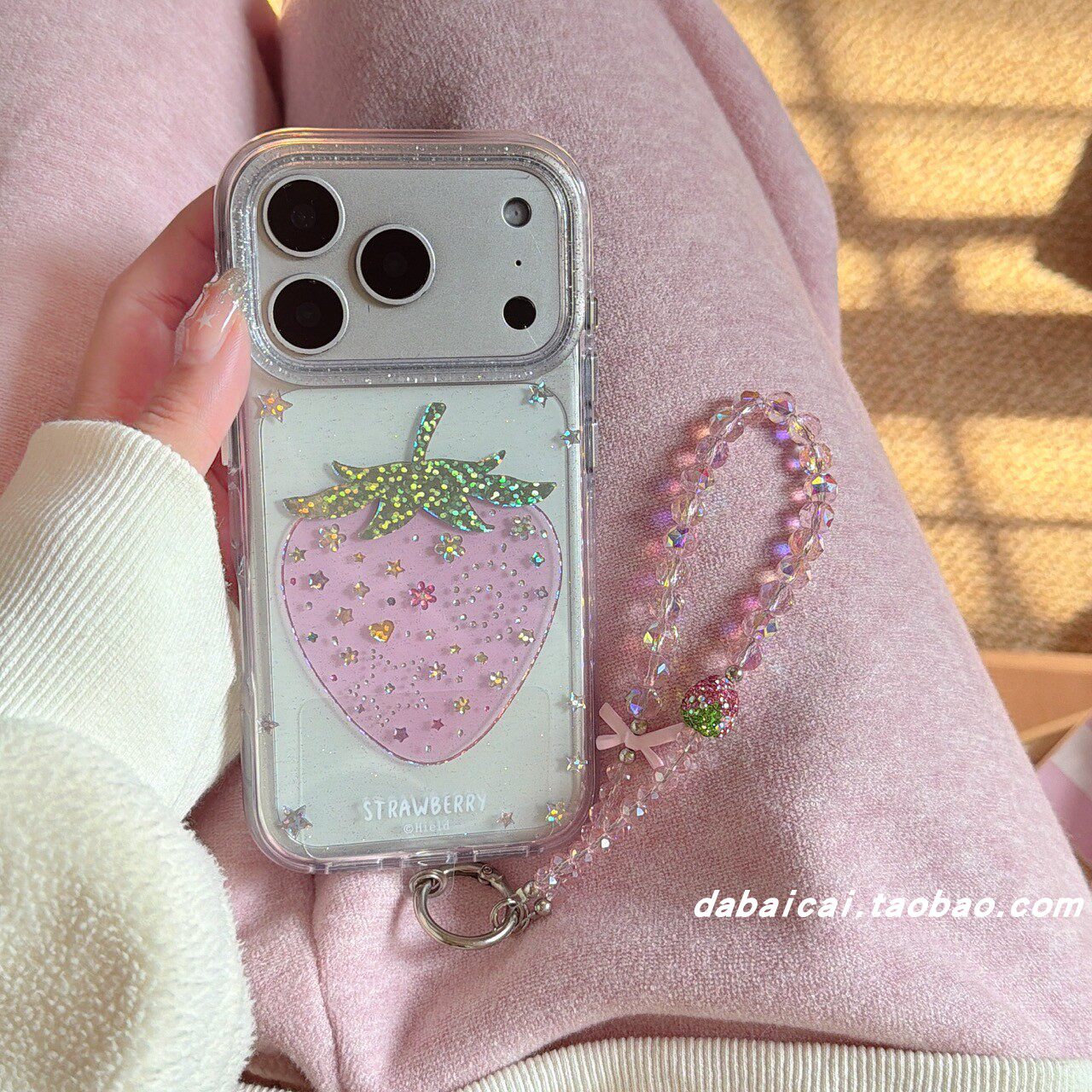 ins透明细闪花朵草莓适用苹果17手机壳iphone16promax新款15少女心13全包防摔17pro网红14pro韩系高级感手链