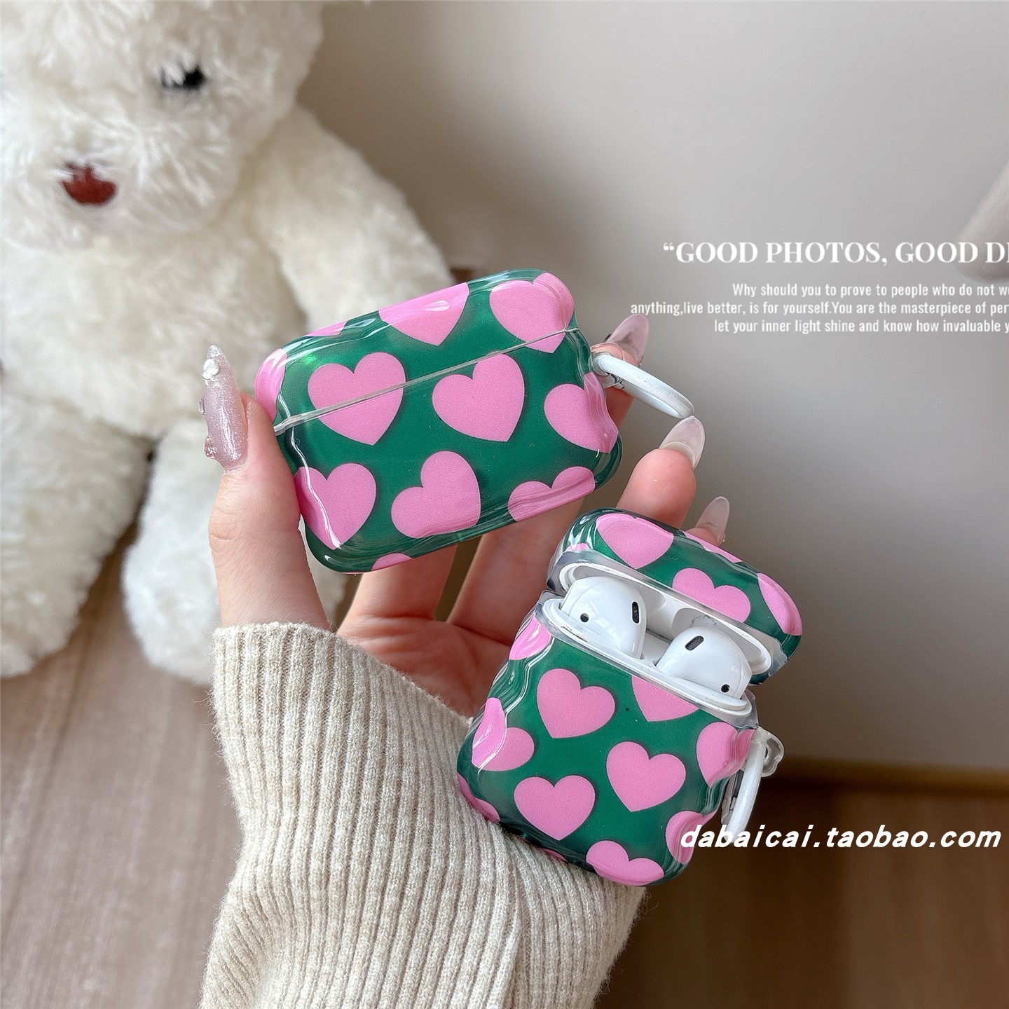 airpods4耳机套韩系墨绿底粉爱心