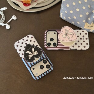 ins波点条纹蝴蝶结磁吸支架适用iphone17promax苹果16手机壳15pm新款14pro少女17网红13pro全包防摔韩系艺术
