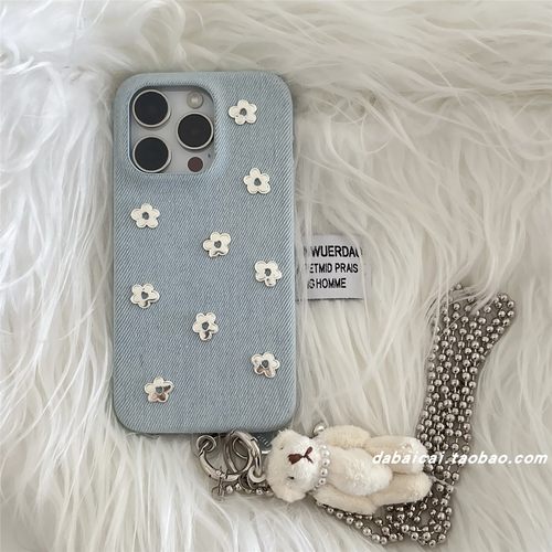 苹果16手机壳ins牛仔蓝立体花朵