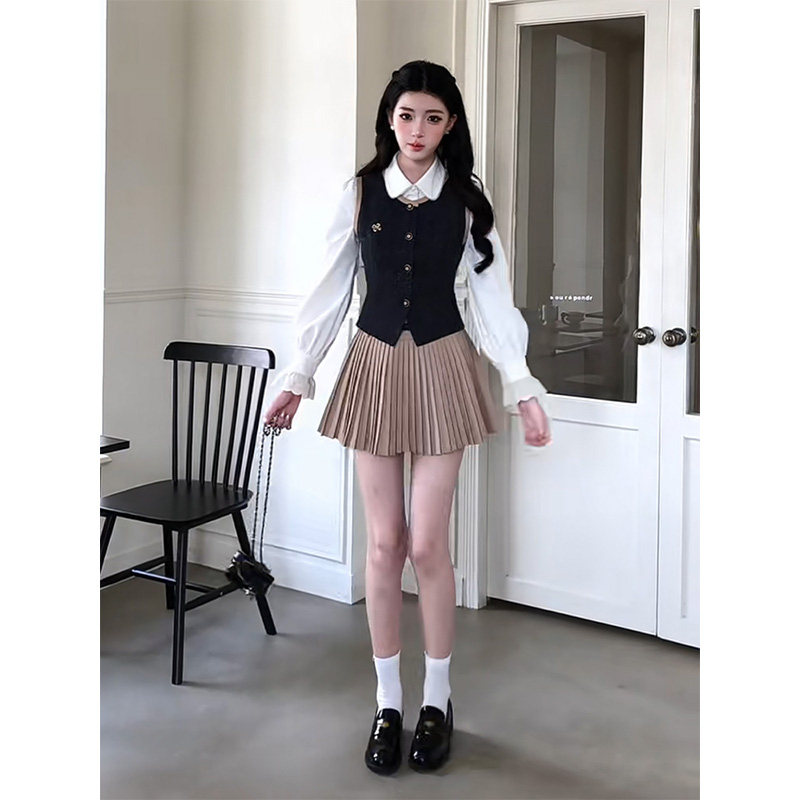 韩系甜酷春秋蕾丝娃娃领衬衫撞色马甲高腰百褶短裙三件套套装女潮