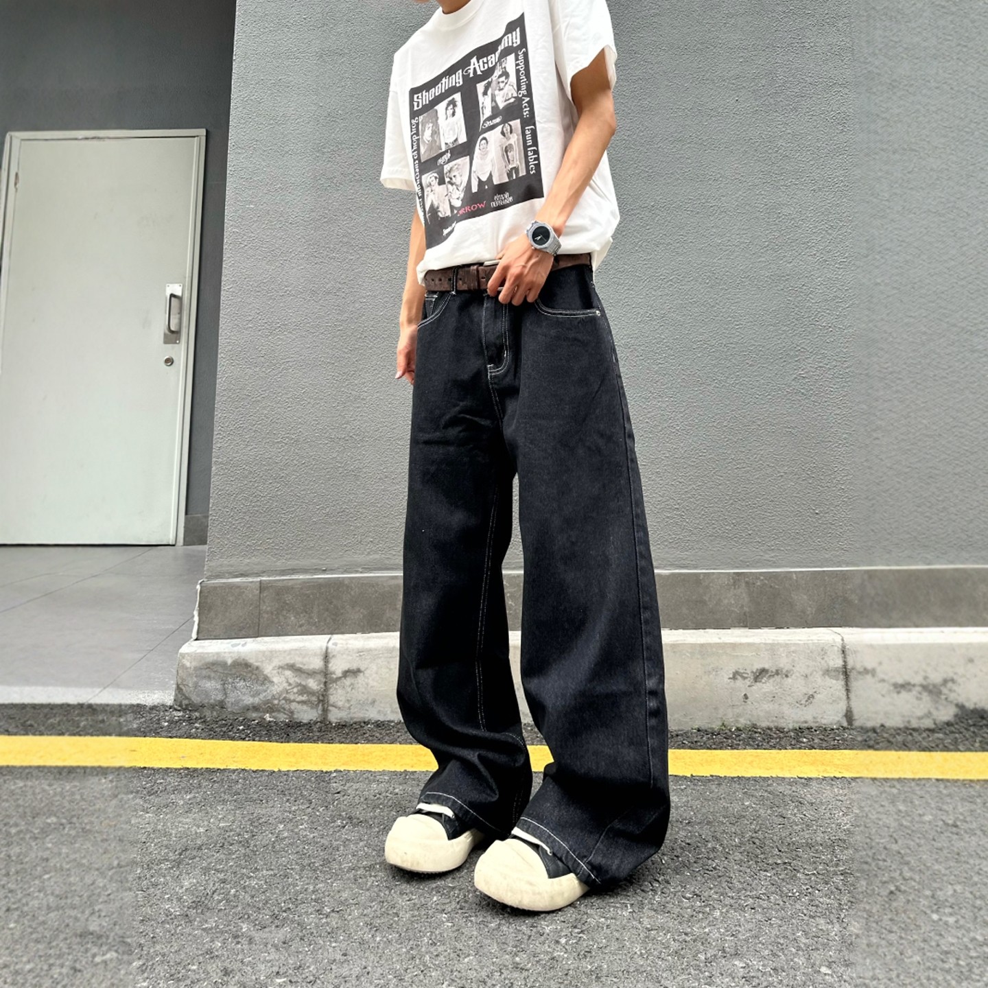 DHSS美式复古丹宁黑色牛仔裤男女宽松阔腿直筒cleanfit百搭裤子