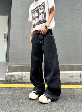 DHSS美式复古丹宁黑色牛仔裤男女宽松阔腿直筒cleanfit百搭裤子