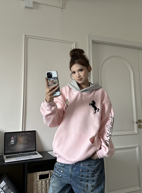 DHSS美式徽章战马刺绣拼色连帽加绒卫衣男女春季宽松情侣套头帽衫