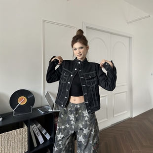 DHSS美式复古刺绣明线短款牛仔外套女秋季修身正肩显瘦休闲夹克