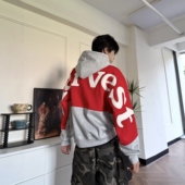 DHSS美式 街头拼色重磅字母贴皮刺绣加绒连帽卫衣男女宽松休闲帽衫