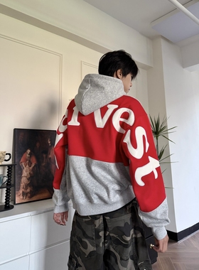 DHSS美式街头拼色重磅字母贴皮刺绣加绒连帽卫衣男女宽松休闲帽衫