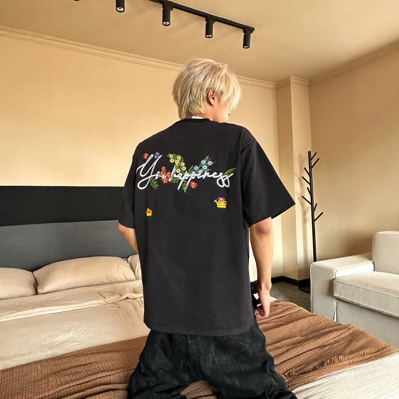 DHSS美式复古刺绣花卉短袖男女宽松夏季圆领潮牌休闲情侣上衣T恤