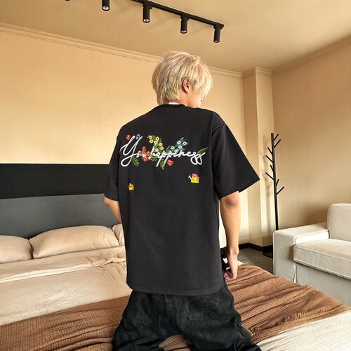 美式复古刺绣花卉短袖T恤