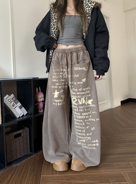 DHSS美式复古做旧字母印花直筒休闲裤男女宽松阔腿垂感慵懒长裤