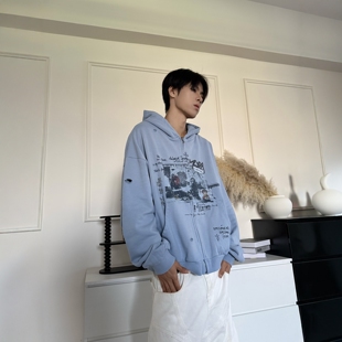 短宽情侣外套帽衫 DHSS美式 水洗做旧破洞连帽卫衣男女宽松街头开衫