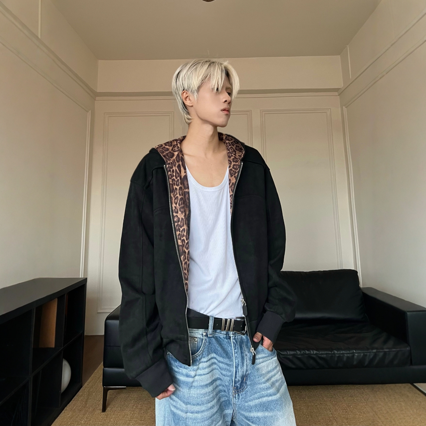 美式复古麂皮豹纹拼接开衫卫衣