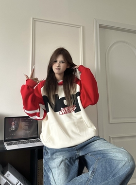 DHSS美式复古字母印花拼色连帽卫衣男女宽松春季情侣套头帽衫上衣