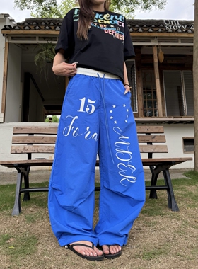 DHSS美式复古字母印花褶皱弯刀休闲裤男女宽松运动速干阔腿伞兵裤