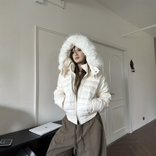 DHSS美式复古短款可拆卸毛领排骨羽绒服冬季保暖收腰显瘦连帽外套