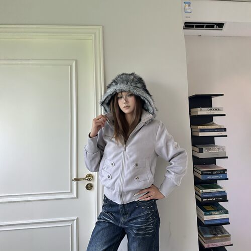DHSS复古麂皮毛领连帽棉服加绒