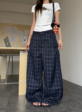 DHSS美式复古蓝色格子休闲裤男女宽松阔腿垂感慵懒显瘦百搭长裤