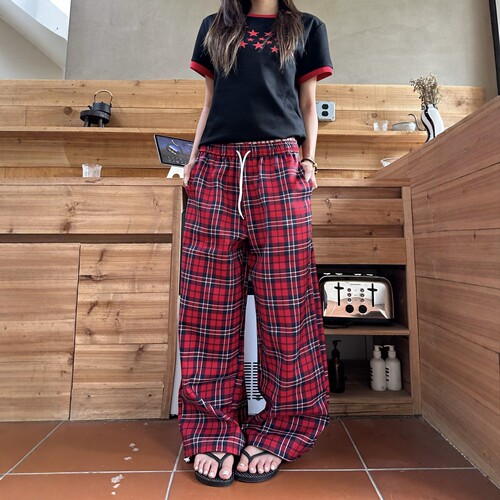 DHSS复古双腰格子阔腿休闲裤