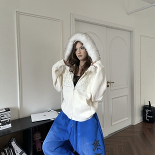 DHSS美式复古毛领钉珠连帽毛衣男女宽松秋季慵懒开衫针织衫外套