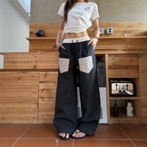 DHSS美式复古贴布口袋格子裤男女直筒宽松运动慵懒情侣休闲长裤