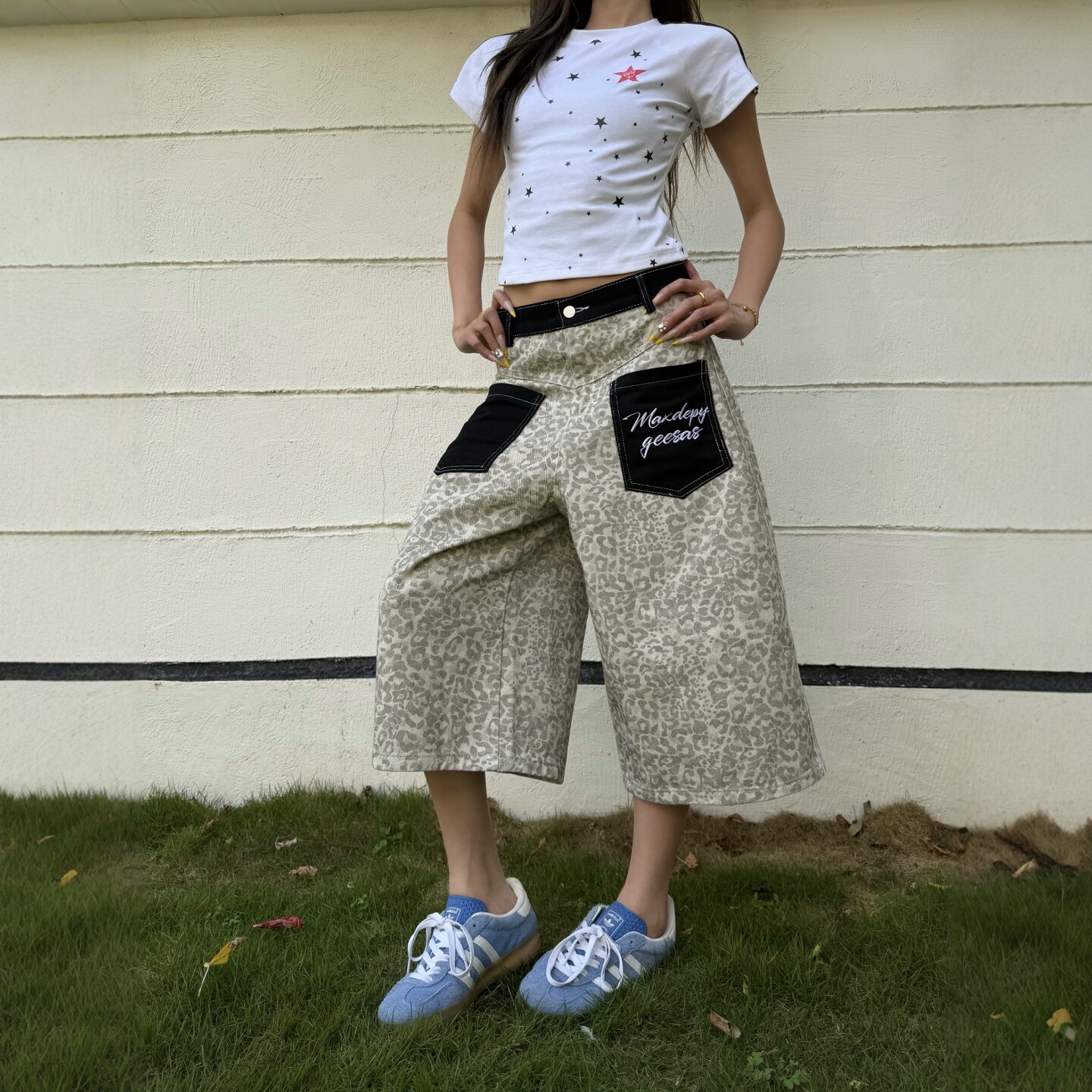 DHSS美式复古豹纹直筒牛仔七分裤男女宽松夏季阔腿百搭休闲短裤