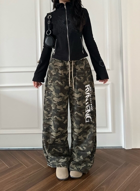 DHSS美式复古字母印花迷彩休闲裤男女宽松直筒运动显瘦百搭长裤