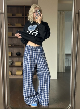 DHSS美式复古蓝色格子阔腿休闲裤直筒慵懒风百搭宽松拖地长裤子