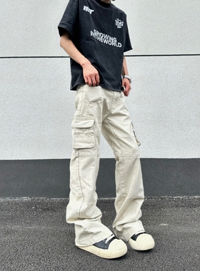 DHSS美式复古多口袋微喇工装裤男女cleanfit直筒宽松显瘦休闲裤子