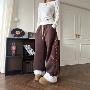 DHSS美式复古费尔岛羊羔绒卷边加绒休闲裤男女宽松直筒百搭长裤