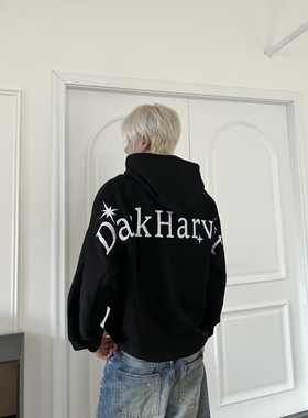 DHSS美式街头字母刺绣重磅连帽卫衣男女宽松套头百搭休闲简约帽衫