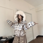 DHSS美式 复古费尔岛羊羔毛毛领棉衣情侣宽松秋冬保暖连帽棉服外套