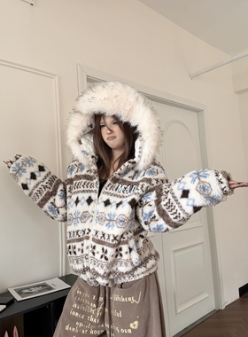 DHSS美式复古费尔岛羊羔毛毛领棉衣情侣宽松秋冬保暖连帽棉服外套