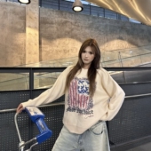 DHSS美式 复古豹纹旗帜印花圆领毛衣男女宽松街头小众设计感针织衫