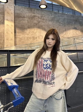 DHSS美式复古豹纹旗帜印花圆领毛衣男女宽松街头小众设计感针织衫