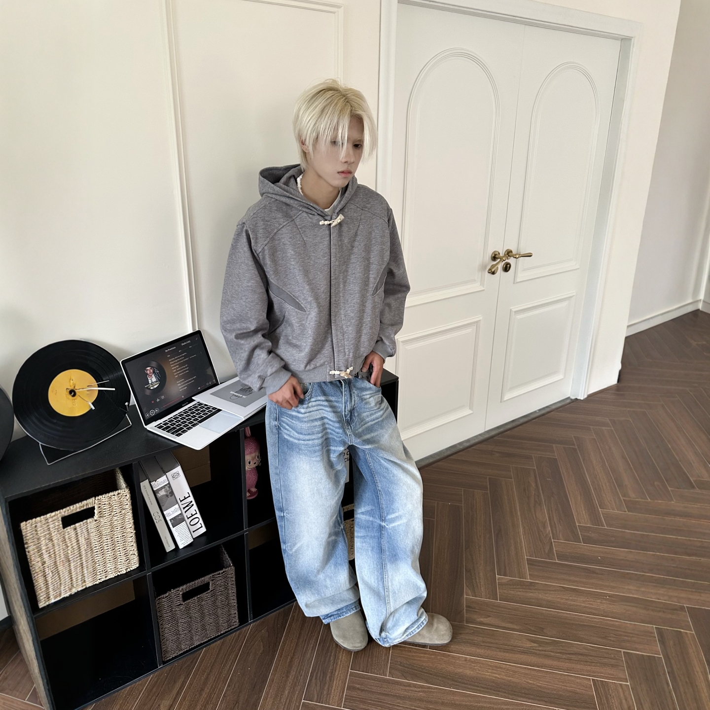 美式复古牛角扣开衫连帽卫衣