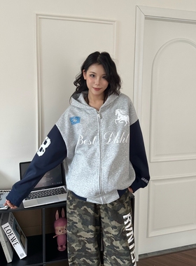 DHSS美式复古拼色字母连帽卫衣男女宽松秋季情侣百搭休闲开衫外套