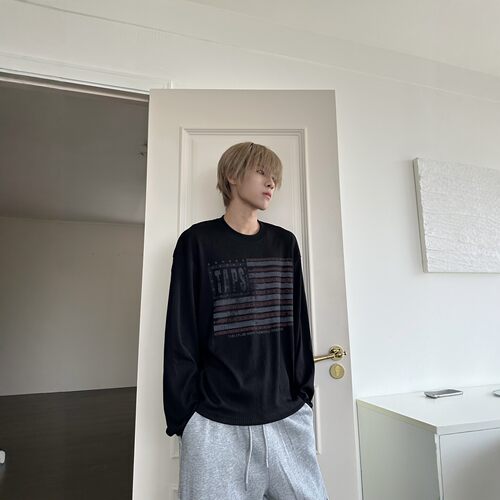 美式高街旗帜印花长袖T恤宽松