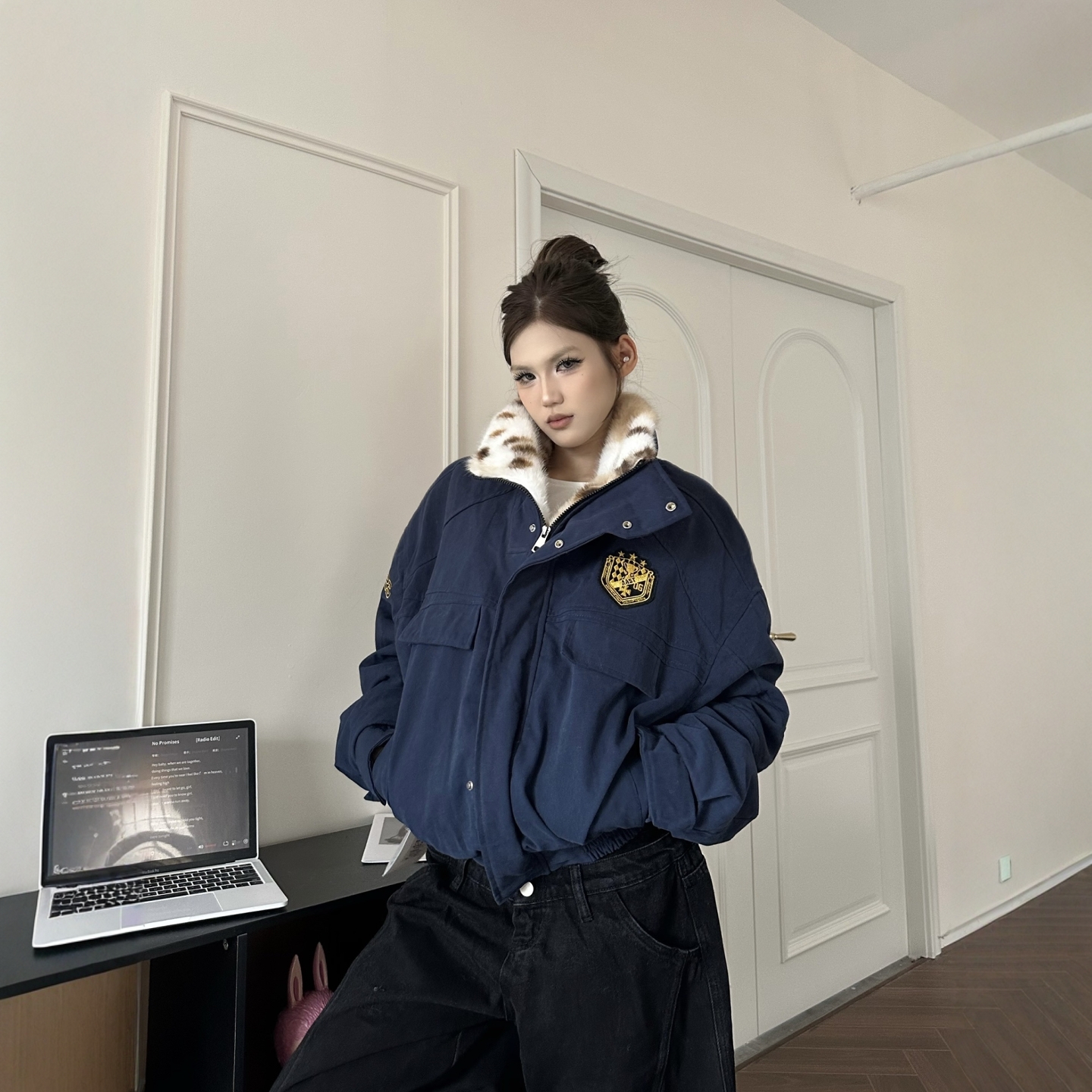 美式徽章刺绣立领豹纹座山雕外套