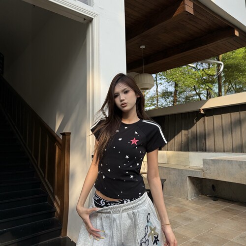 DHSS美式复古星条纹短款T恤女