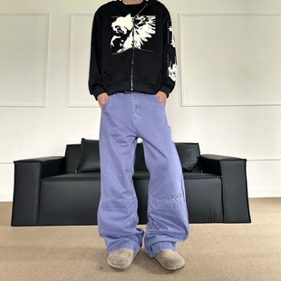 DHSS美式复古做旧蓝色法工裤男女宽松直筒Vintage小众百搭休闲裤