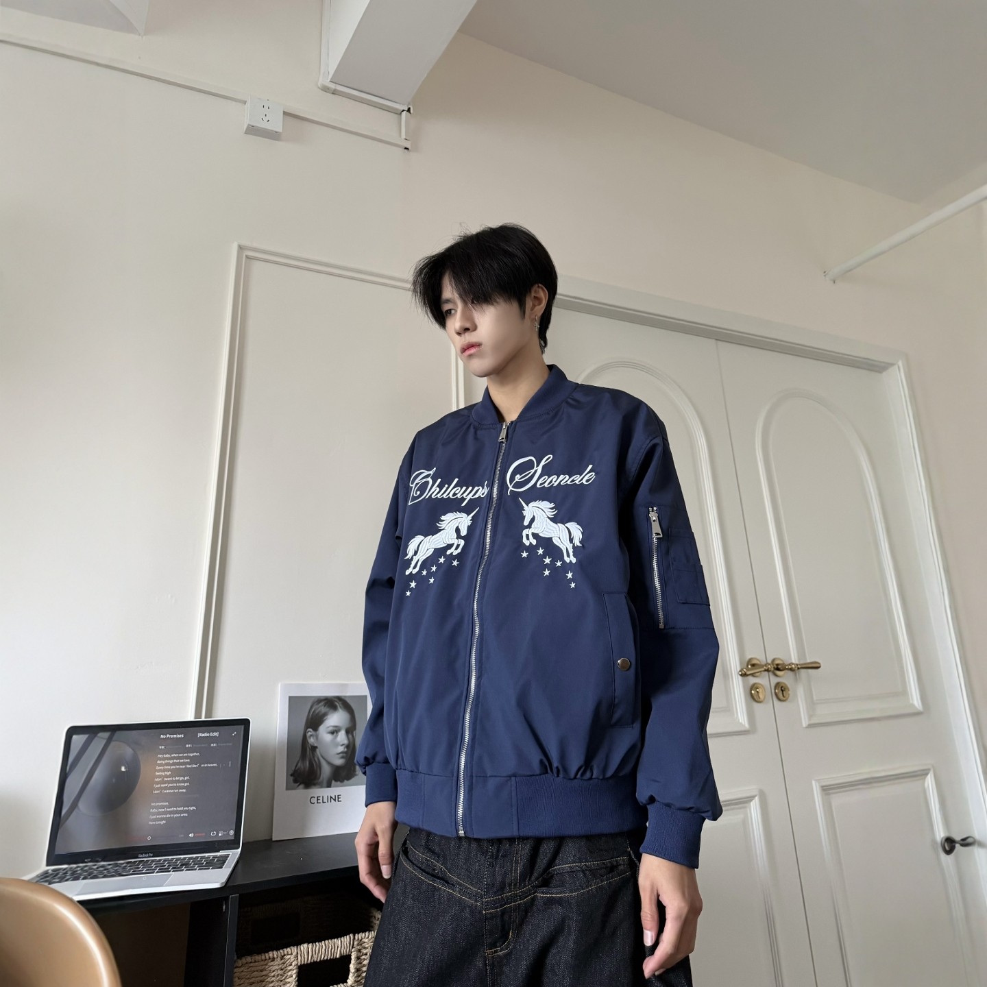 DHSS美式街头跃马刺绣飞行夹克男女宽松春季新款情侣百搭休闲外套