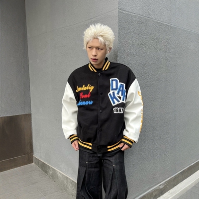 春季植绒刺绣宽松棒球夹克