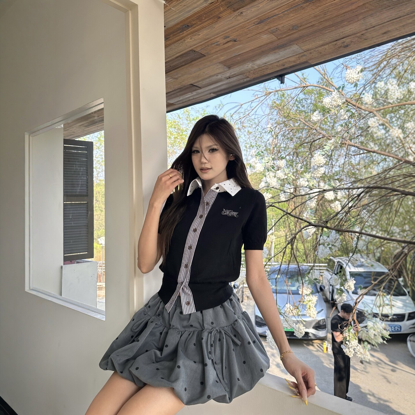 DHSS美式高智假两件POLO领针织衫短袖女夏季修身短款显瘦开衫T恤