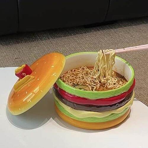 汉堡泡面碗宿舍学生带盖陶瓷汤面碗家用带手机支架一人食螺蛳粉碗
