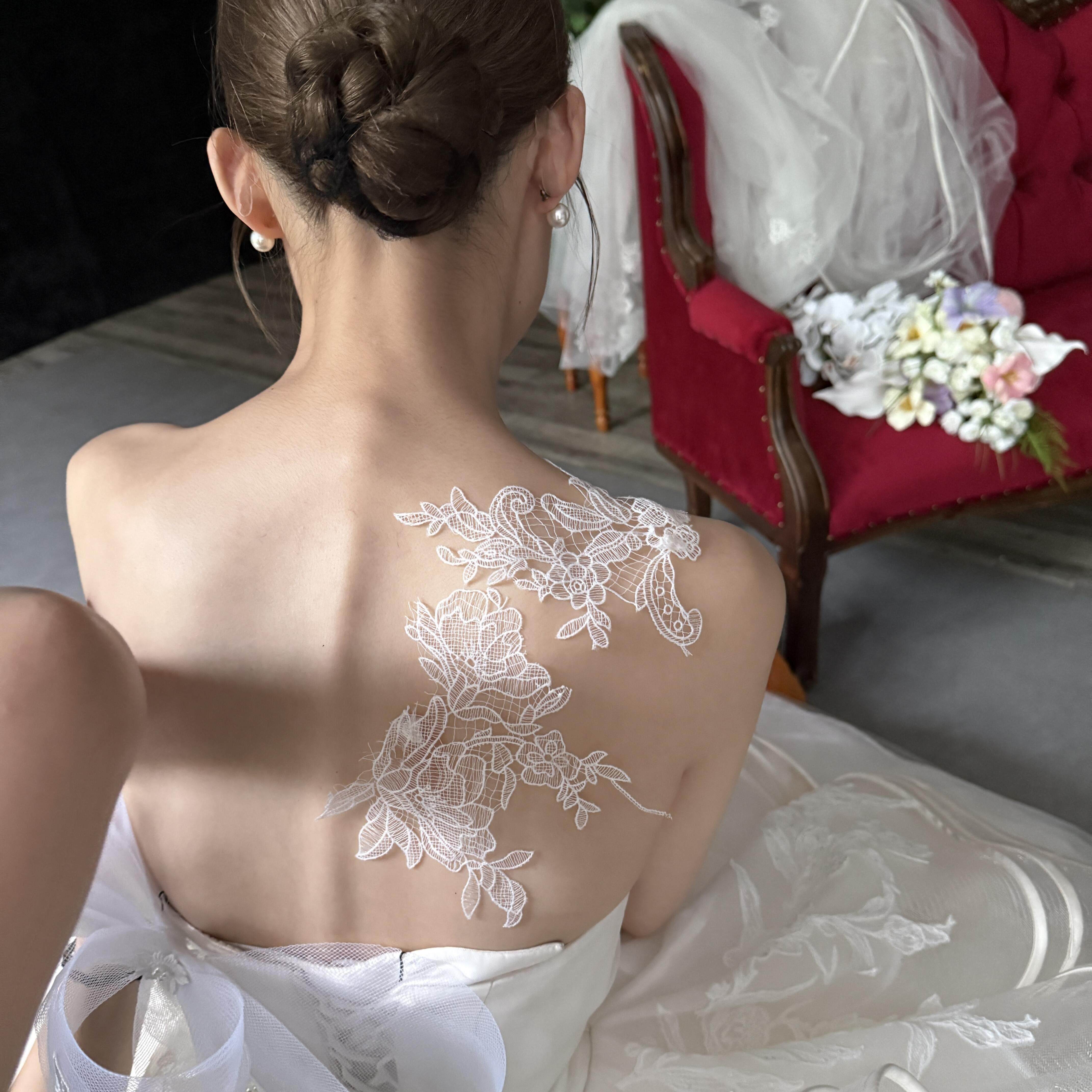 镂空蕾丝花片新娘唯美造型创意装饰高级感一字肩婚纱配饰布贴绣片