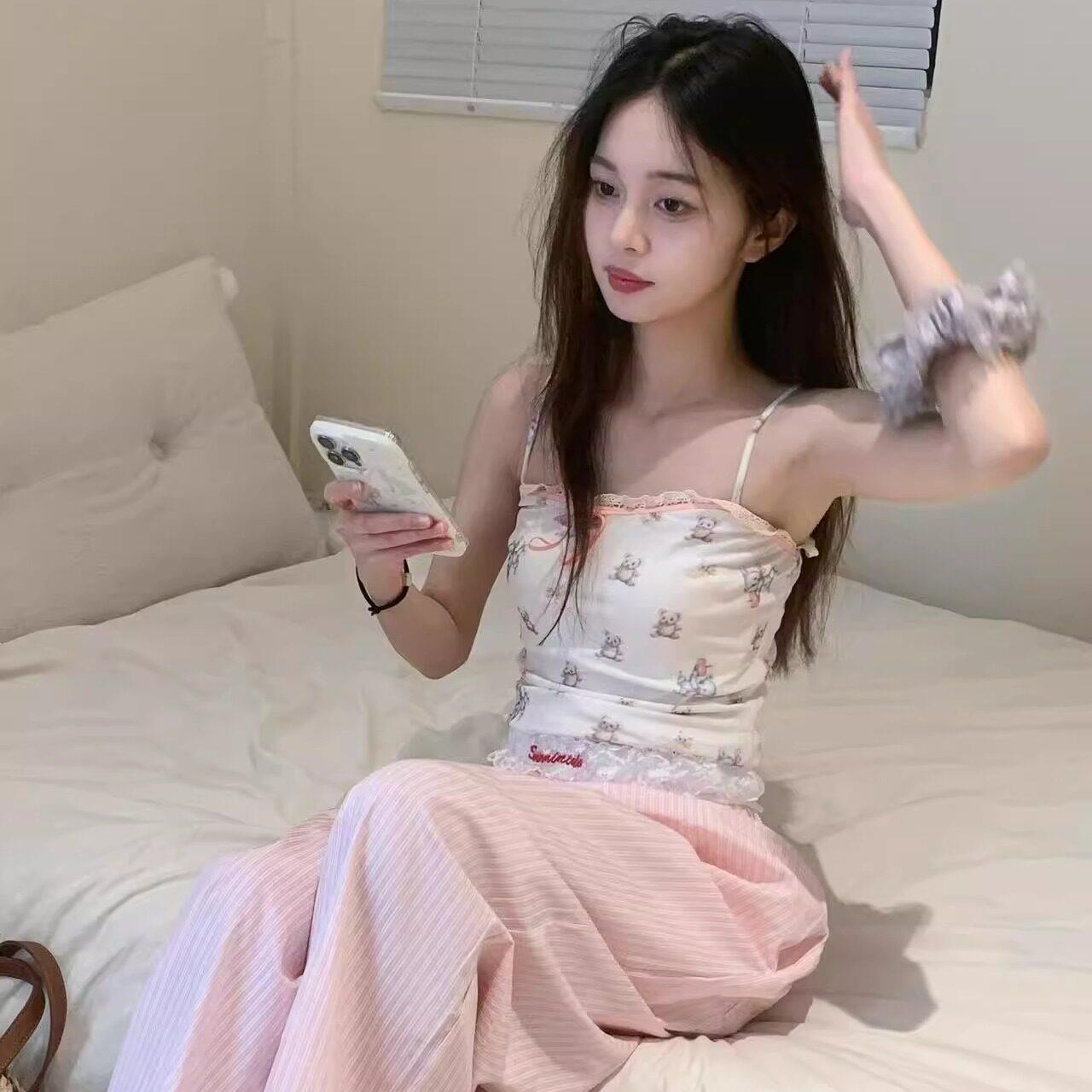 夏日轻薄休闲裤ins风粉色条纹蕾丝边阔腿裤多巴胺配色遛弯山本裤