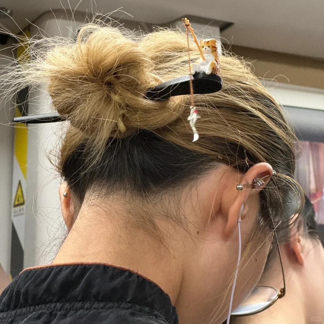新中式可爱趣味小猫钓鱼发簪现代简约盘发簪子女古风汉服小众头饰