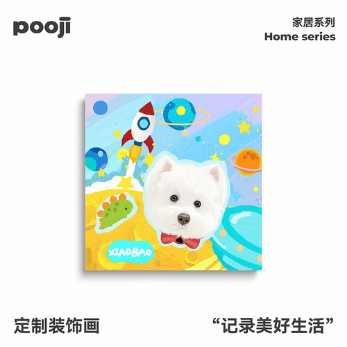 POOJI宠物定制方形装饰画艺术微喷白色比熊太空火箭星球宠物纪念