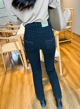 显腿直~黑色高腰直筒加绒提臀牛仔裤女九分修身显瘦小个子烟管冬